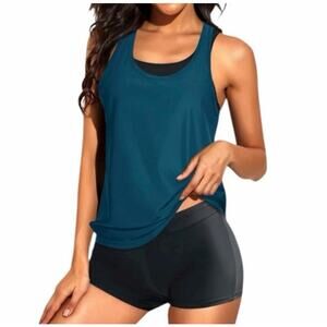 Tempt Me Women's Medium Teal Black 2 Piece Scoop Neck Top Shorts Tankini SwimSet